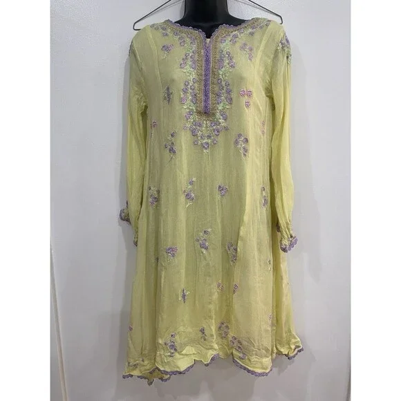 Agha Noor Afghanoor Yellow & Purple Embroidered Dress Size Medium Floral Lined - Picture 1 of 10